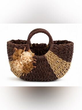 Boho Woven Straw Tote Bag Brown Tan Floral Detail/Interior Drawstring Lining